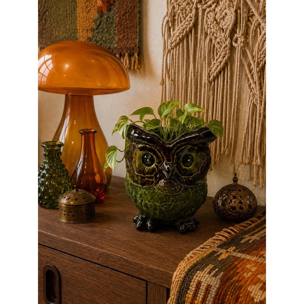 Vintage Apropos Home Collection Ceramic Owl Planter Green Brown Drip Glaze